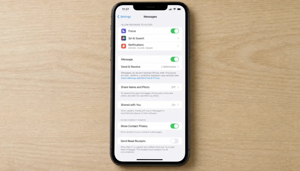iPhone Settings showing the Send Read Receipts toggle switched off under the Messages section