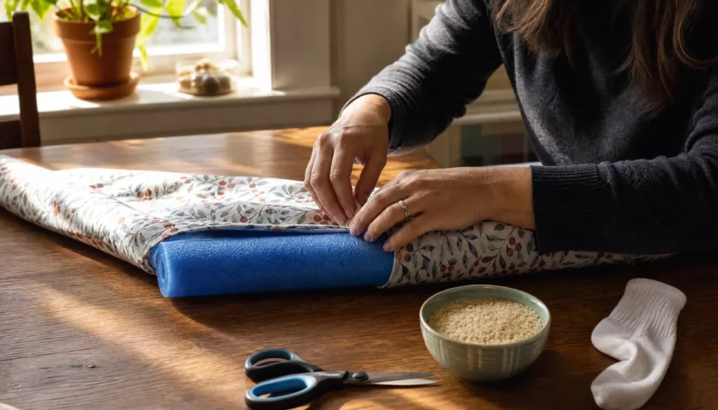 Person wrapping a pool noodle in fabric to make a DIY door draft stopper at home