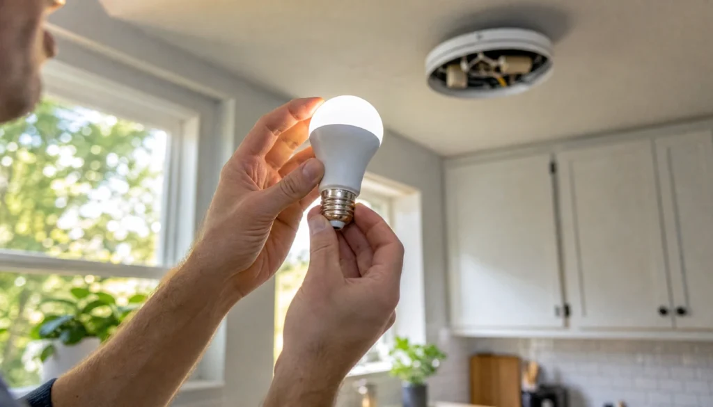 Person inspecting an LED light bulb by hand as part of a DIY flickering diagnosis at home