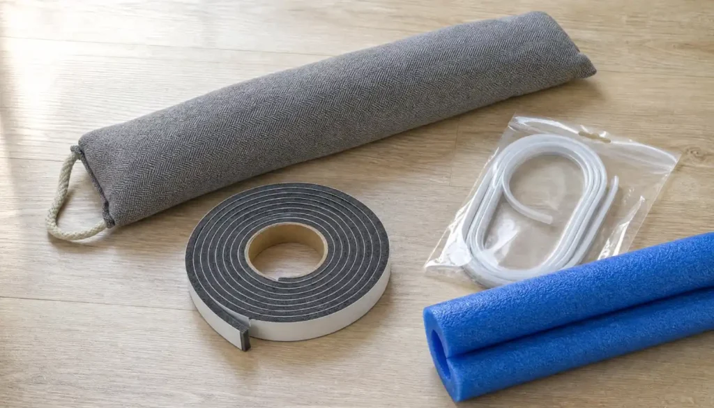 Collection of rental-friendly door draft stoppers including a fabric snake, foam tape, and silicone strip