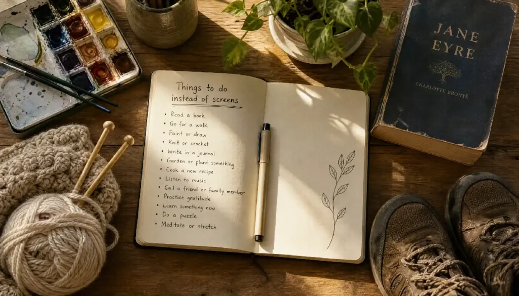 Flat lay of cozy non-digital activities for a dopamine detox, including books, art supplies, and a plant.