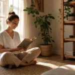 A calm person sitting by a sunny window reading a book, with their phone placed on a shelf across the room.