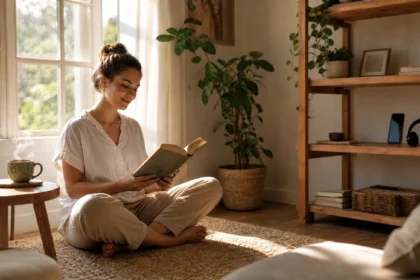 A calm person sitting by a sunny window reading a book, with their phone placed on a shelf across the room.