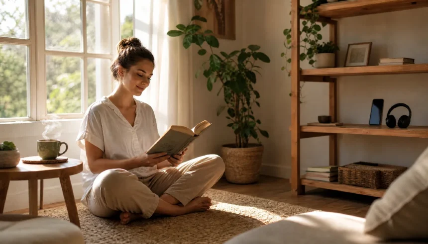 A calm person sitting by a sunny window reading a book, with their phone placed on a shelf across the room.