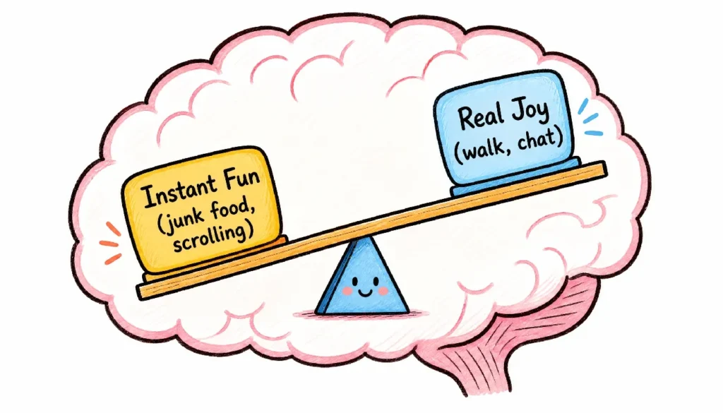 Simple illustration explaining dopamine detox as a brain seesaw balancing instant gratification and real joy.