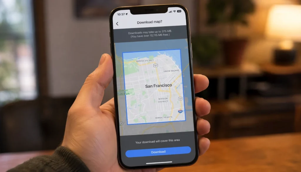 Hand holding a phone showing Google Maps offline download screen with a city region selected