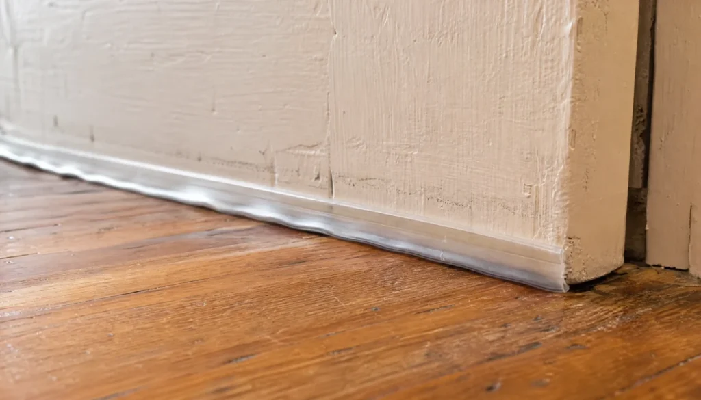 Flexible silicone door seal strip conforming to an uneven hardwood floor under an apartment door