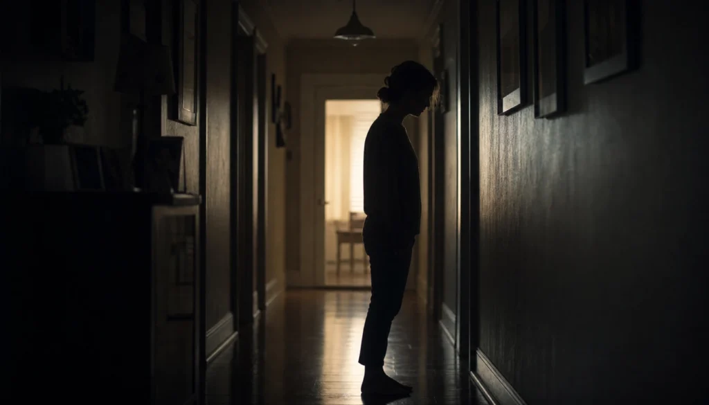 A person standing alone in a dark hallway after ending a phone call, looking emotionally stunned