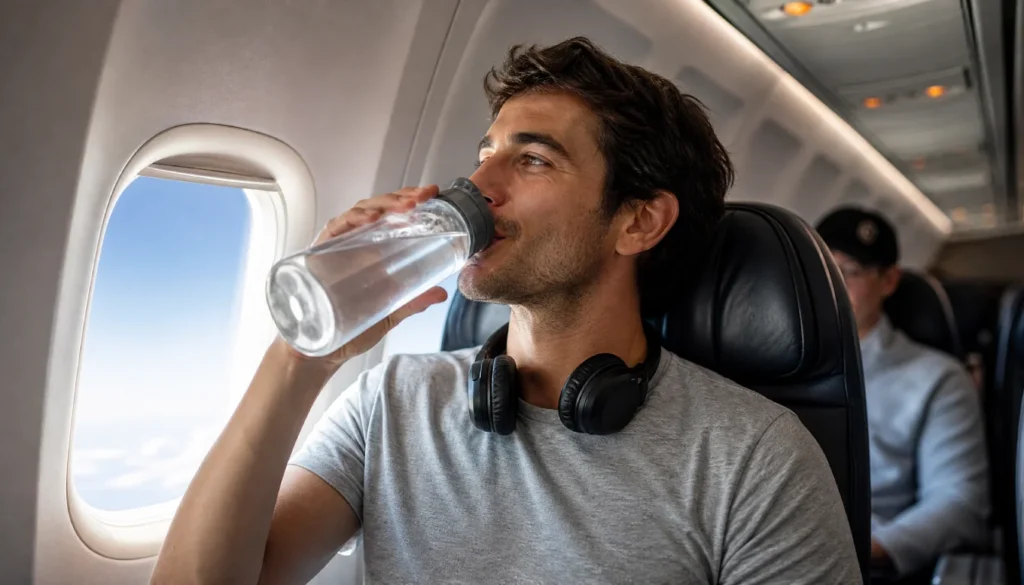 Man drinking water on a long-haul flight to stay hydrated and avoid jet lag naturally