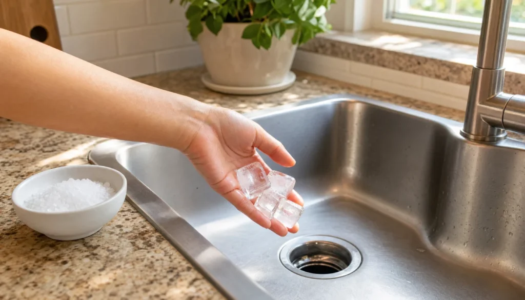 Hand dropping ice cubes into a stainless steel kitchen sink garbage disposal to clean it