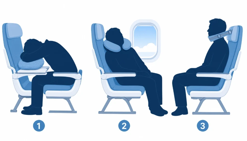 Three ways to sleep in economy, forward lean on tray table, window lean with neck pillow, and upright with head strap support