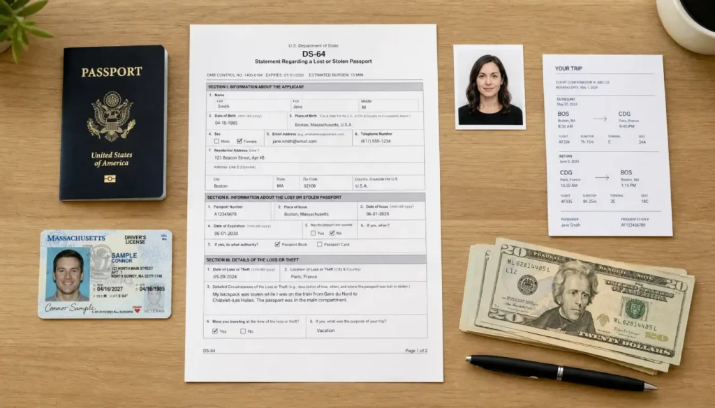 Documents needed for an emergency passport replacement laid out on a desk, including DS-64 form, passport photos, flight itinerary, and ID