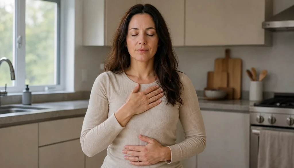 Woman standing in a kitchen with one hand on her stomach and one on her chest, eyes closed, practicing body awareness before eating.