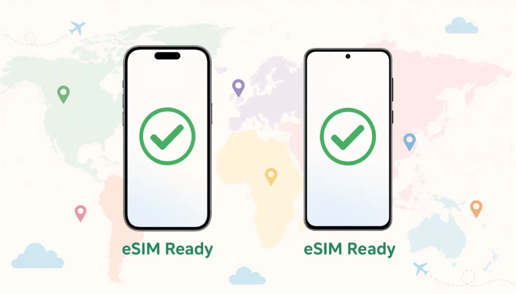 Checklist showing iPhone and Samsung Galaxy as eSIM compatible devices for travel