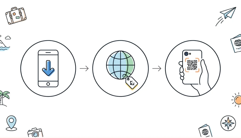 Step-by-step process to buy and activate a travel eSIM: install app, pick plan, scan QR code