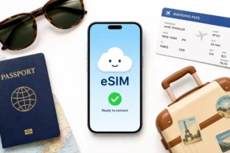 Smartphone showing eSIM activation screen surrounded by travel items like a passport and boarding pass