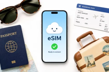 Smartphone showing eSIM activation screen surrounded by travel items like a passport and boarding pass