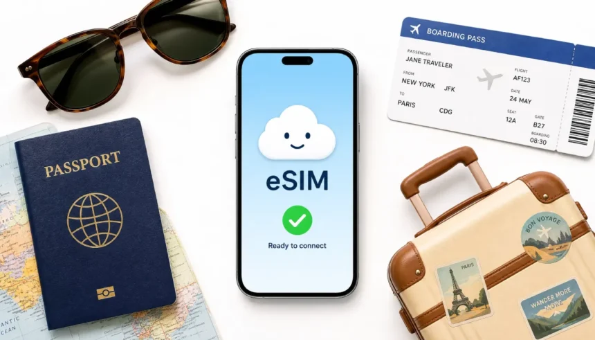 Smartphone showing eSIM activation screen surrounded by travel items like a passport and boarding pass