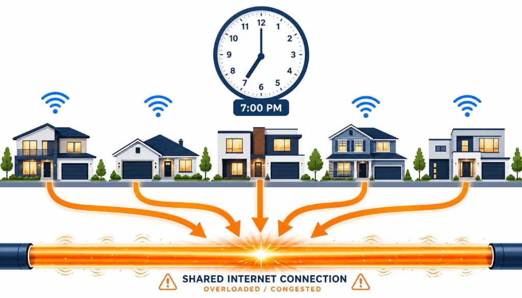 Infographic showing network congestion during evening peak hours with many homes using internet simultaneously