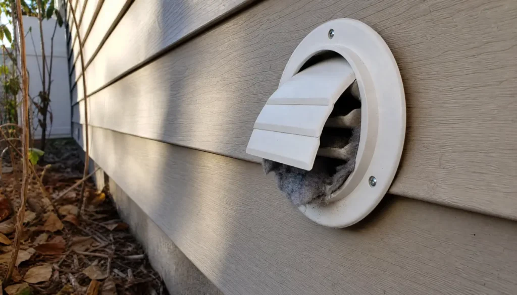 Exterior dryer vent flap on a house wall with visible lint caught in the louvers