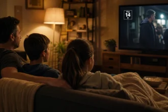Family watching TV together in a cozy living room with a TV-14 rating visible on screen