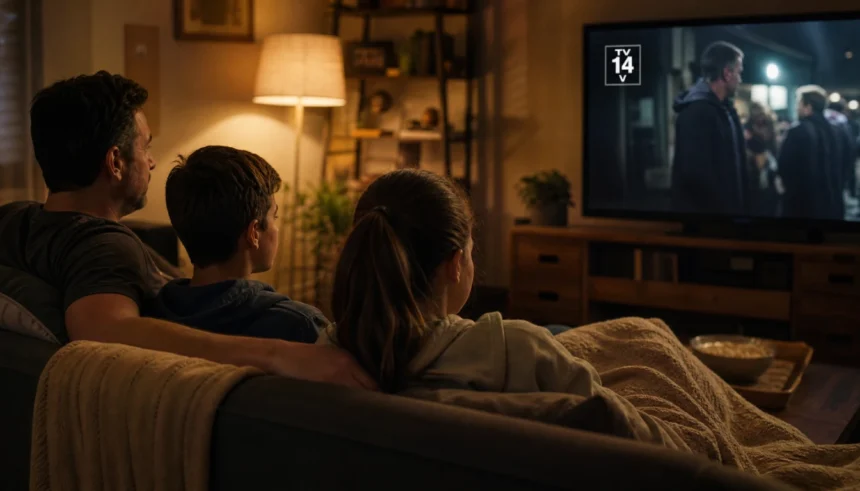 Family watching TV together in a cozy living room with a TV-14 rating visible on screen