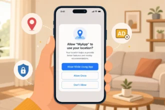 Person holding smartphone with location permission popup asking Allow While Using App, Allow Once, or Don't Allow