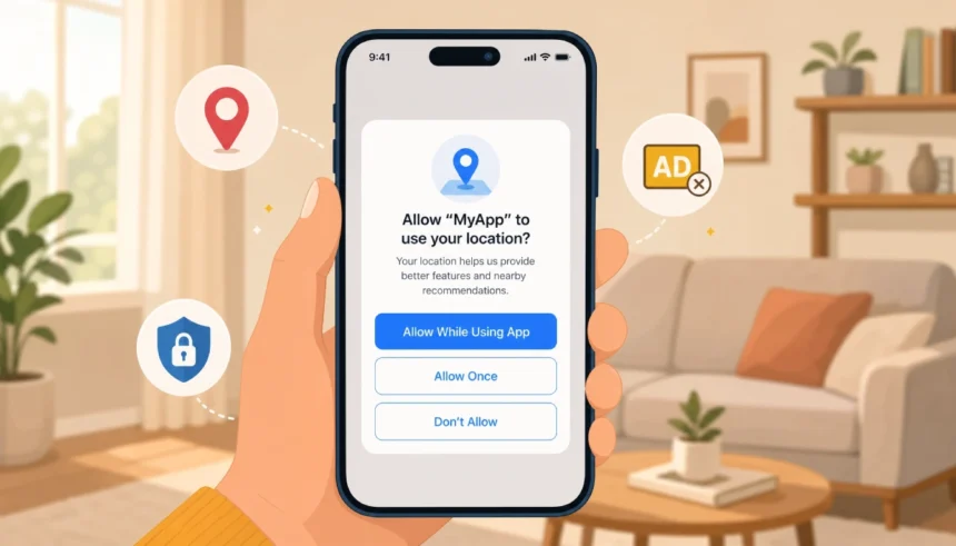 Person holding smartphone with location permission popup asking Allow While Using App, Allow Once, or Don't Allow