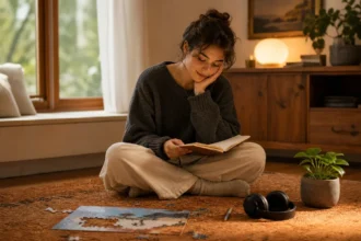 A person sitting cross-legged on a cosy rug, looking thoughtfully at a notebook surrounded by a jigsaw piece, coloured pencil, headphones, and a small plant