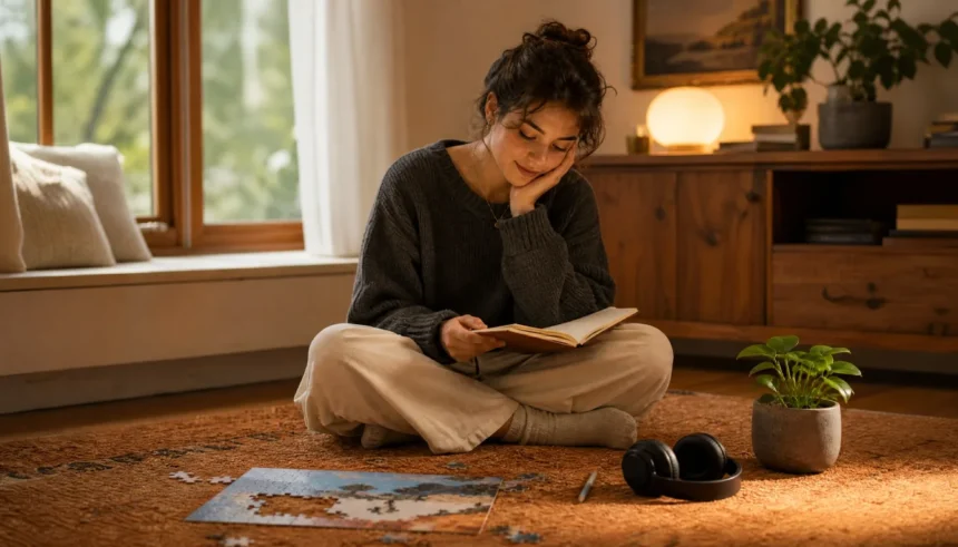 A person sitting cross-legged on a cosy rug, looking thoughtfully at a notebook surrounded by a jigsaw piece, coloured pencil, headphones, and a small plant