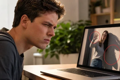 Person examining a suspicious AI-generated photo on laptop screen with red circles highlighting digital flaws