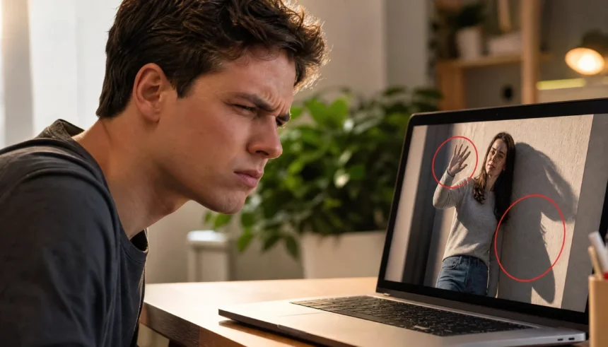 Person examining a suspicious AI-generated photo on laptop screen with red circles highlighting digital flaws