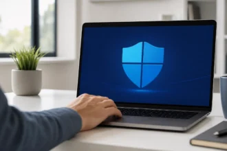 Person using Windows built-in security tools to remove virus on laptop