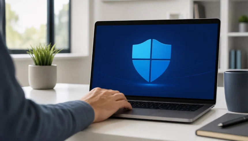 Person using Windows built-in security tools to remove virus on laptop
