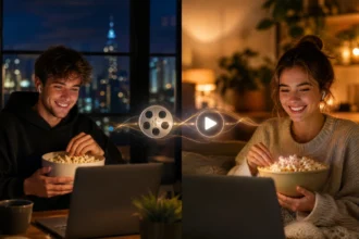 Two long-distance friends on laptops sharing a virtual movie night with Discord and film reel icons connecting them
