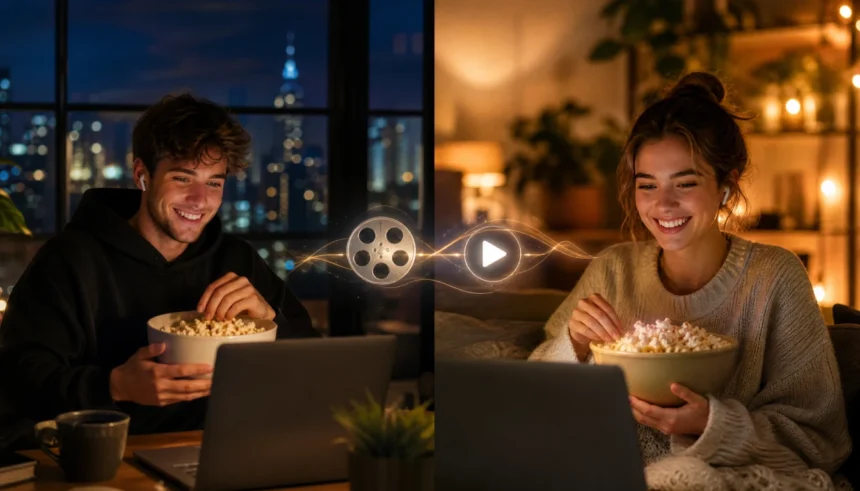 Two long-distance friends on laptops sharing a virtual movie night with Discord and film reel icons connecting them