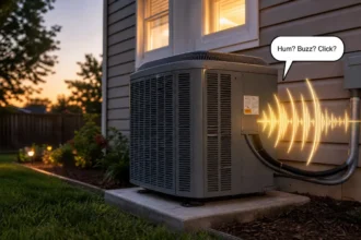 Outdoor AC condenser unit with sound wave illustration showing hum, buzz, and click sounds from a bad capacitor