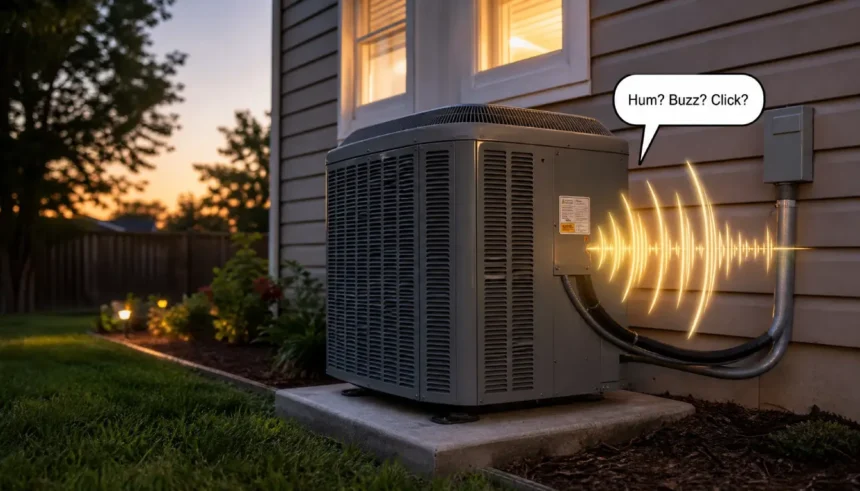 Outdoor AC condenser unit with sound wave illustration showing hum, buzz, and click sounds from a bad capacitor