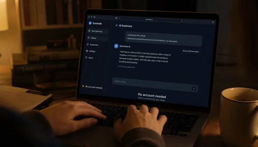Student using a free AI writing tool with no signup required on a laptop late at night