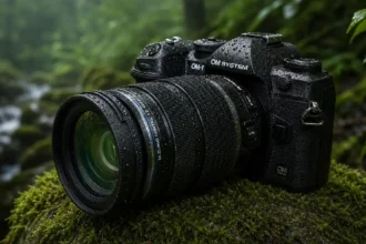 Alt Text: OM System OM-1 review camera with lens in rain, highlighting weather-sealing.