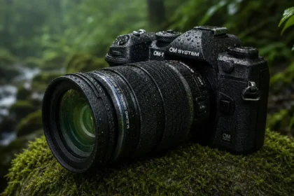 Alt Text: OM System OM-1 review camera with lens in rain, highlighting weather-sealing.