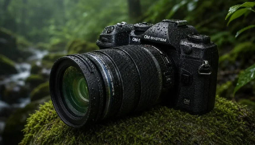 Alt Text: OM System OM-1 review camera with lens in rain, highlighting weather-sealing.