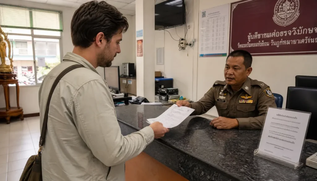 A traveler filing a police report at a local station abroad after losing their passport