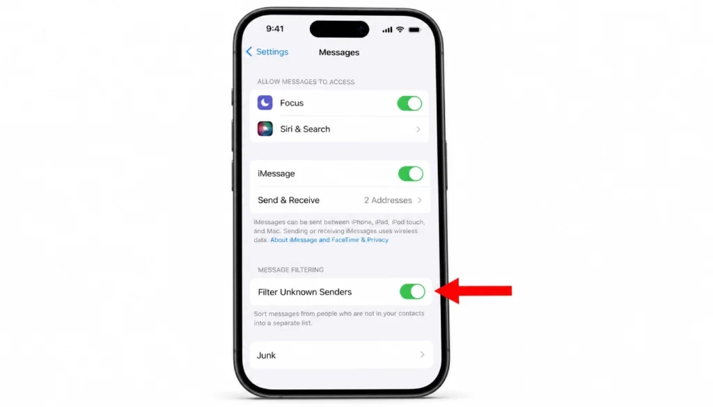 iPhone settings screen with Filter Unknown Senders toggle enabled.