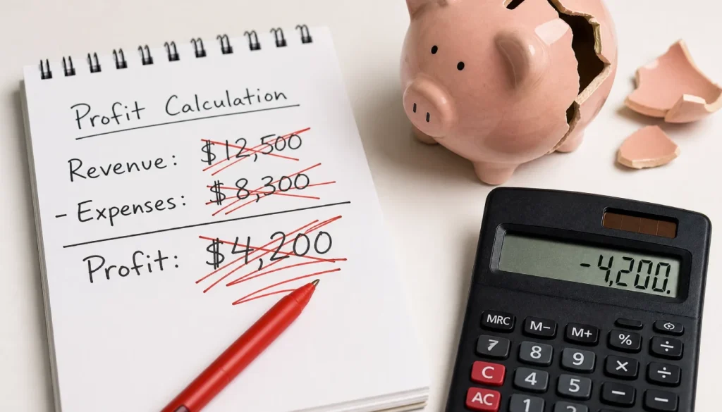Calculator and broken piggy bank showing that a business idea's profit math doesn't work