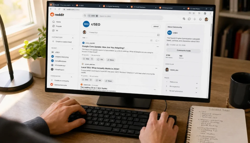 Person browsing Reddit subreddits on a desktop computer to find niche communities for market research