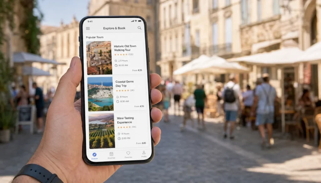Traveler searching for free walking tours on a smartphone while exploring a city street