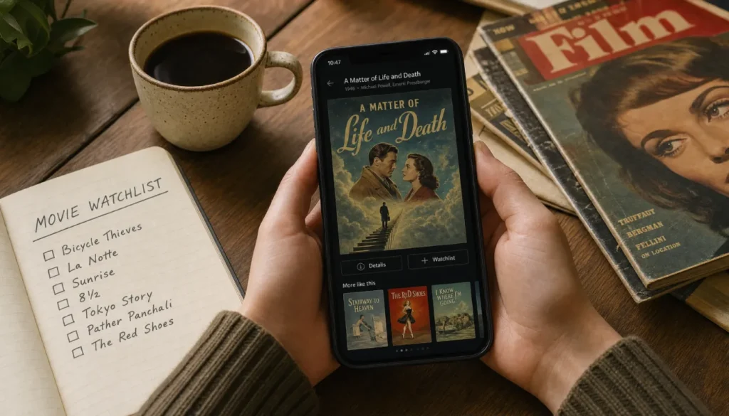 Person browsing a movie app on a smartphone next to a handwritten watchlist and old film magazines