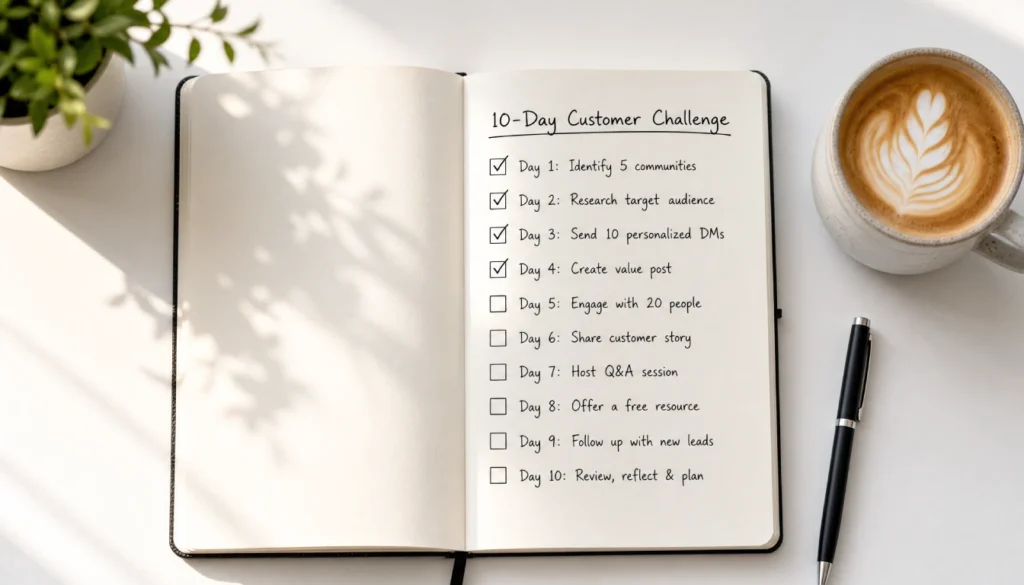 Handwritten zero-budget customer acquisition checklist for the 10-day challenge