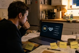 Person at kitchen table with zero budget planning to get first 10 paying customers